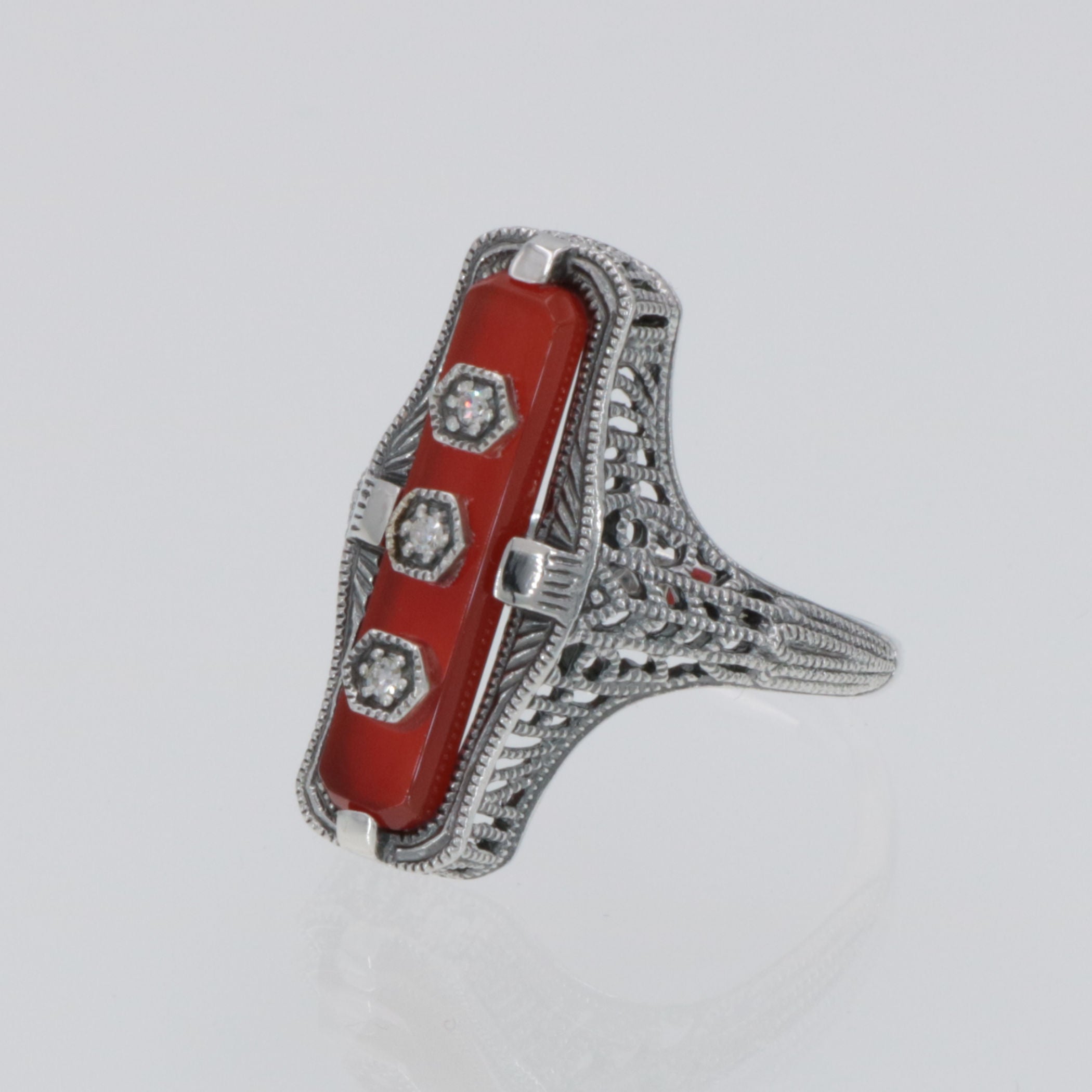 Detail view of Art Deco Style Red Carnelian Filigree Ring 3 Diamond Accents Sterling Silver highlighting Diamond, Carnelian