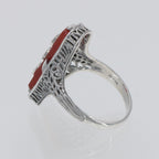 Detail view of Art Deco Style Red Carnelian Filigree Ring 3 Diamond Accents Sterling Silver highlighting Diamond, Carnelian