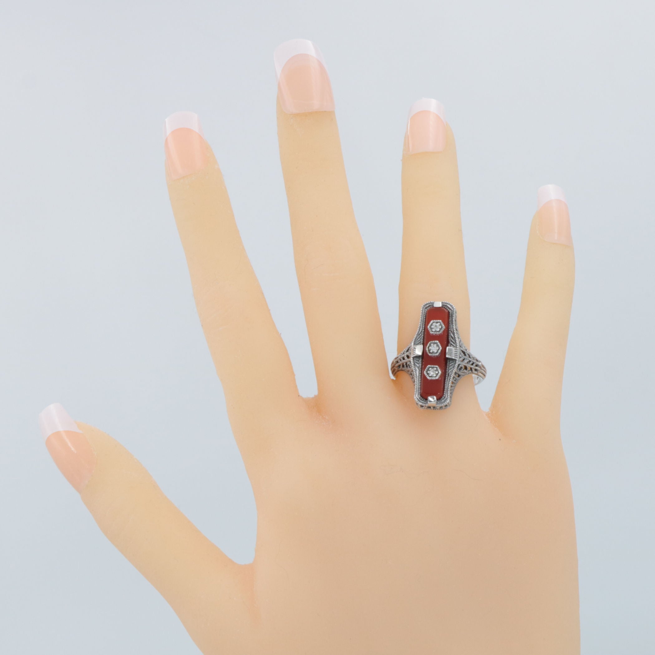 Detail view of Art Deco Style Red Carnelian Filigree Ring 3 Diamond Accents Sterling Silver highlighting Diamond, Carnelian