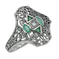 Art Deco style, Emerald, Diamond, sterling silver rings, front view