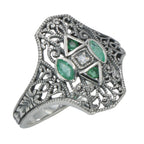 Art Deco style, Emerald, Diamond, sterling silver rings, front view