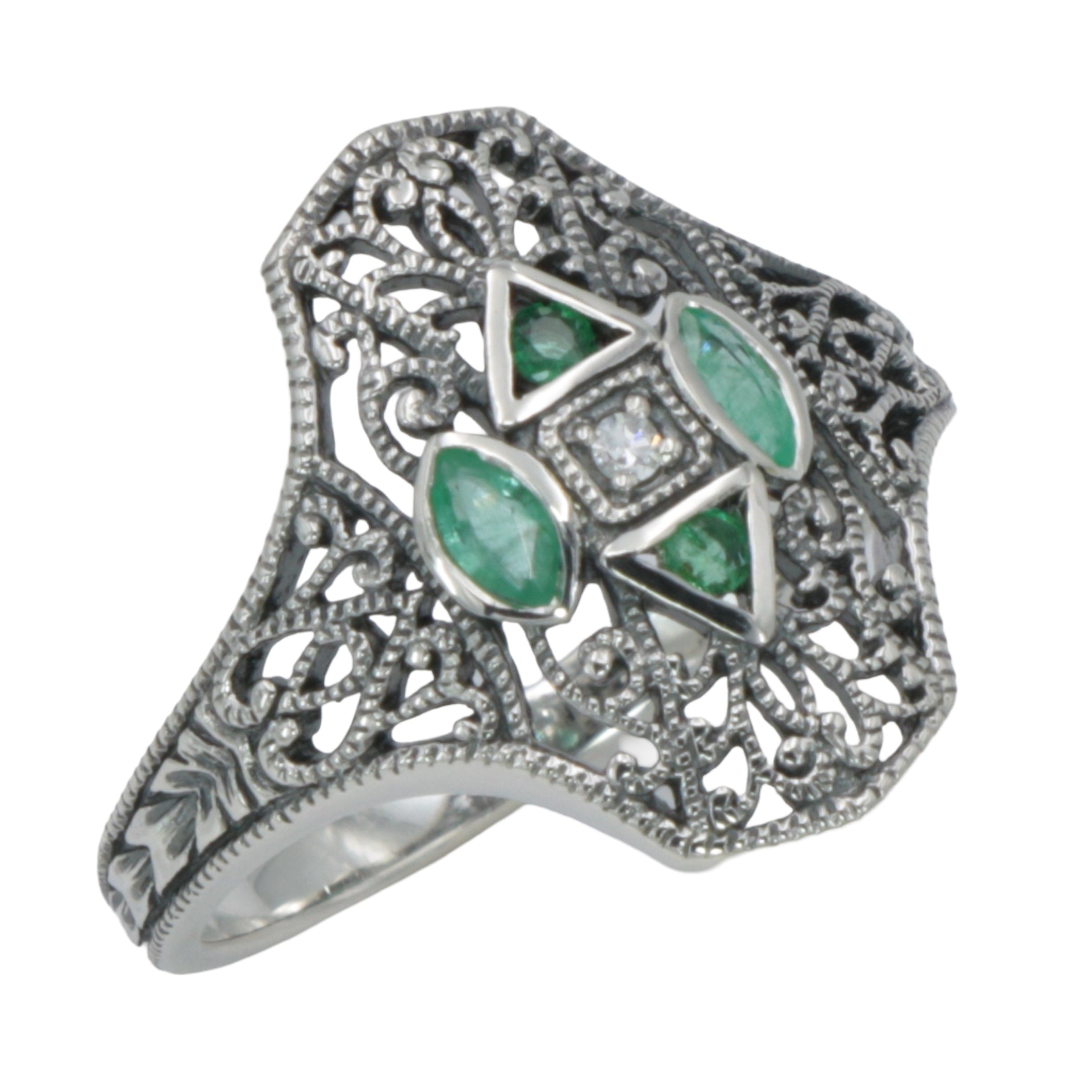 Art Deco style, Emerald, Diamond, sterling silver rings, front view