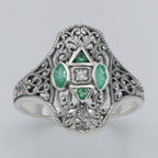 Back view of Art Deco Style Filigree Diamond Ring w/ 4 Natural Emeralds showing 925 sterling silver hallmark