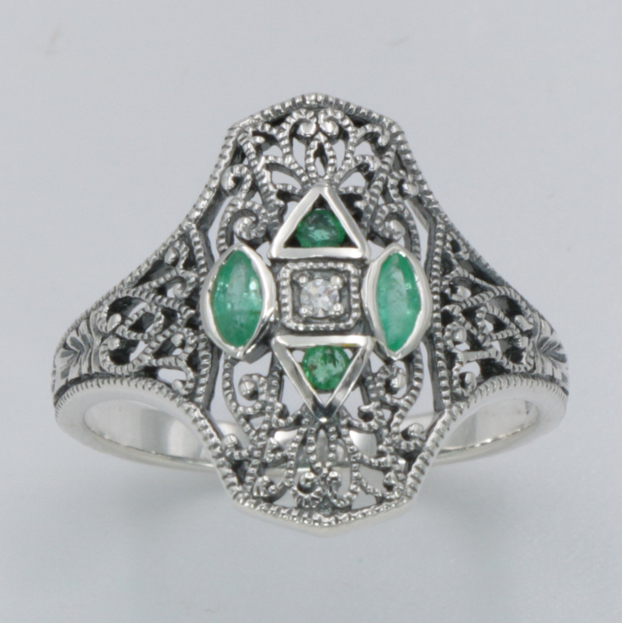 Back view of Art Deco Style Filigree Diamond Ring w/ 4 Natural Emeralds showing 925 sterling silver hallmark