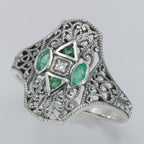 Detail view of Art Deco Style Filigree Diamond Ring w/ 4 Natural Emeralds highlighting Emerald, Diamond