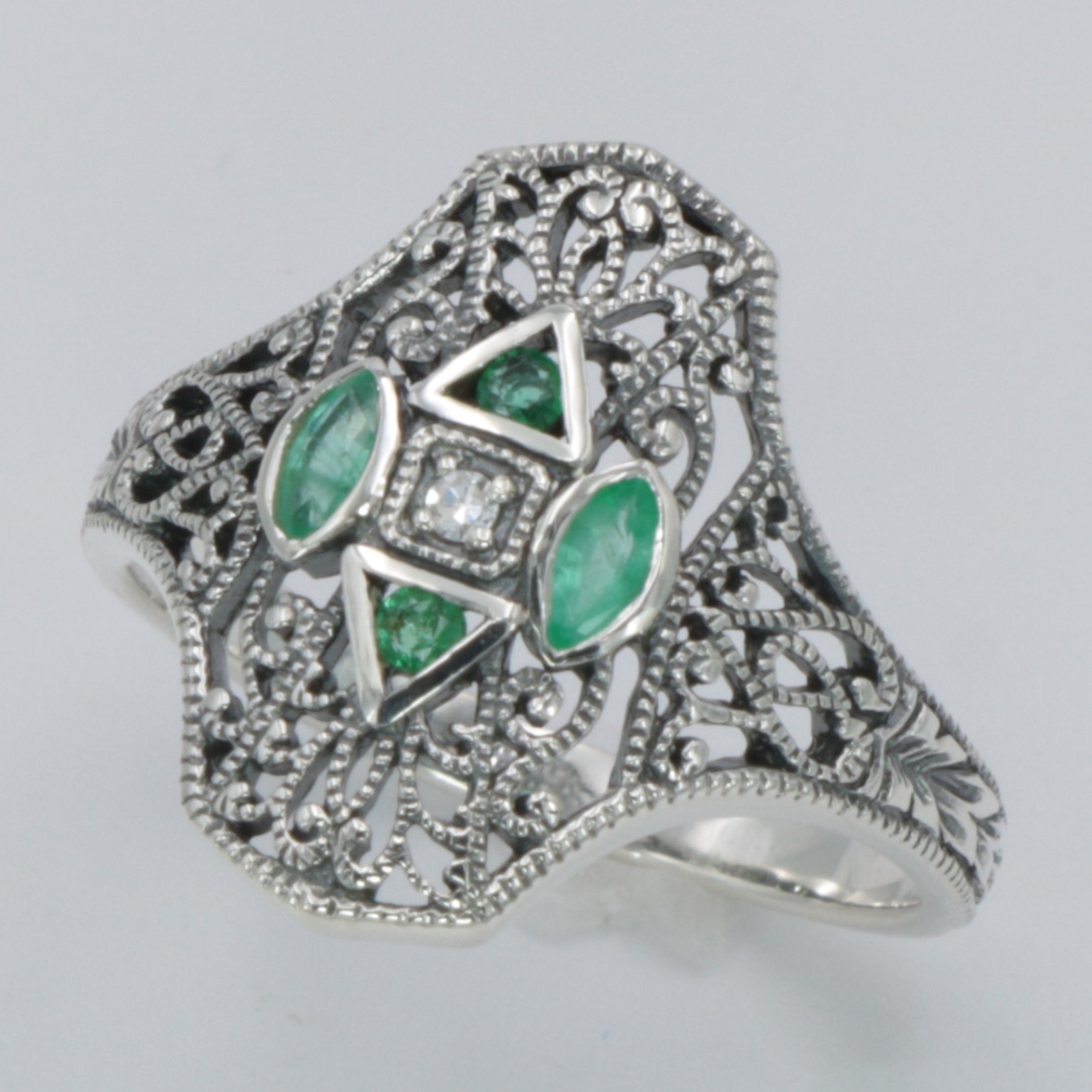 Detail view of Art Deco Style Filigree Diamond Ring w/ 4 Natural Emeralds highlighting Emerald, Diamond