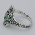 Detail view of Art Deco Style Filigree Diamond Ring w/ 4 Natural Emeralds highlighting Emerald, Diamond