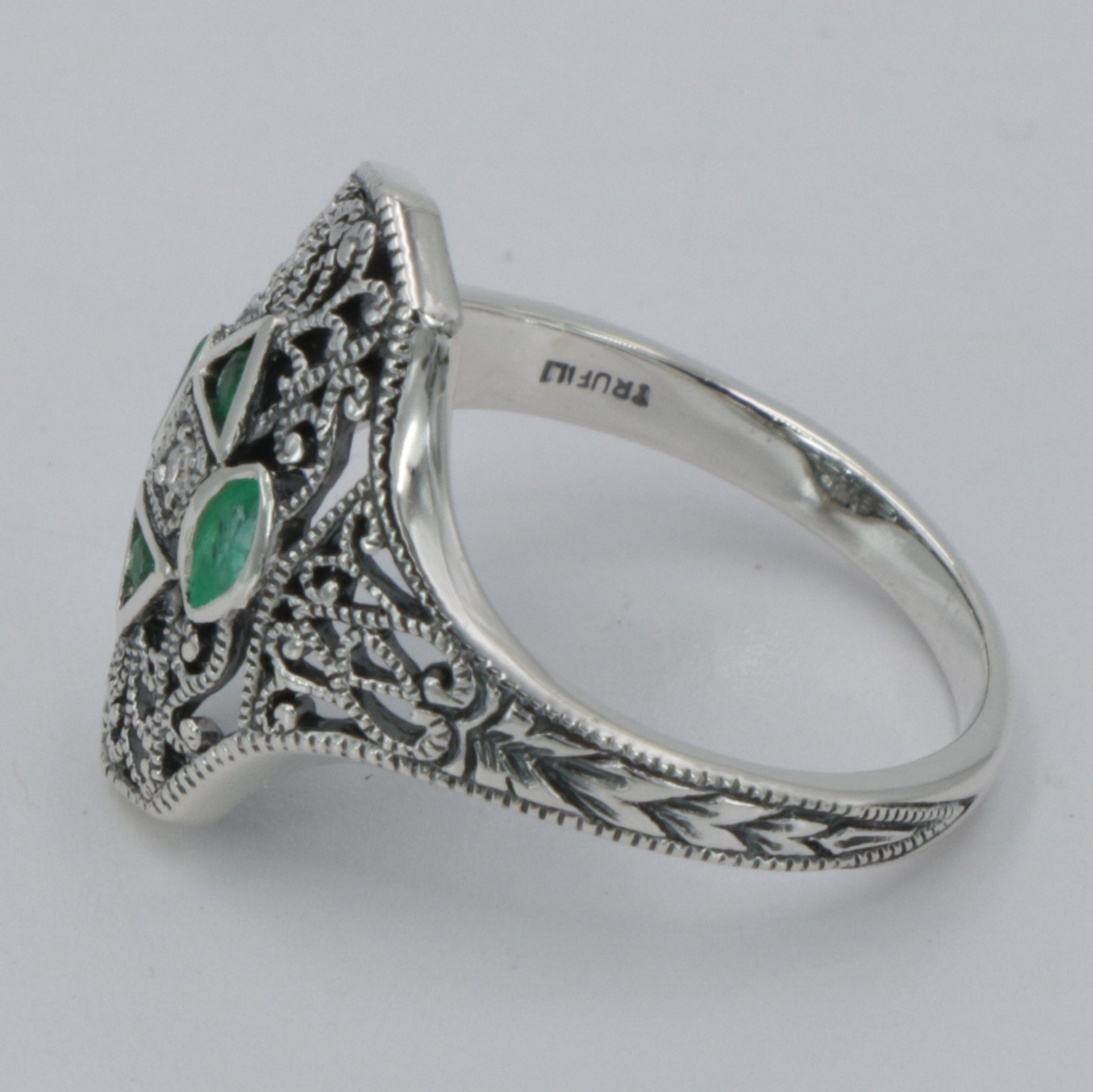 Detail view of Art Deco Style Filigree Diamond Ring w/ 4 Natural Emeralds highlighting Emerald, Diamond