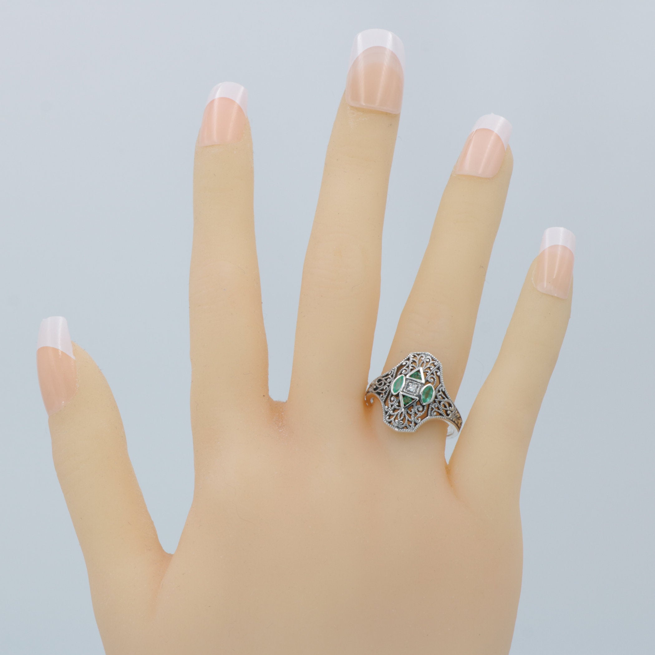 Detail view of Art Deco Style Filigree Diamond Ring w/ 4 Natural Emeralds highlighting Emerald, Diamond