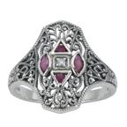 Back view of Art Deco Style Filigree Diamond Ring w/ 4 Natural Rubies showing 925 sterling silver hallmark