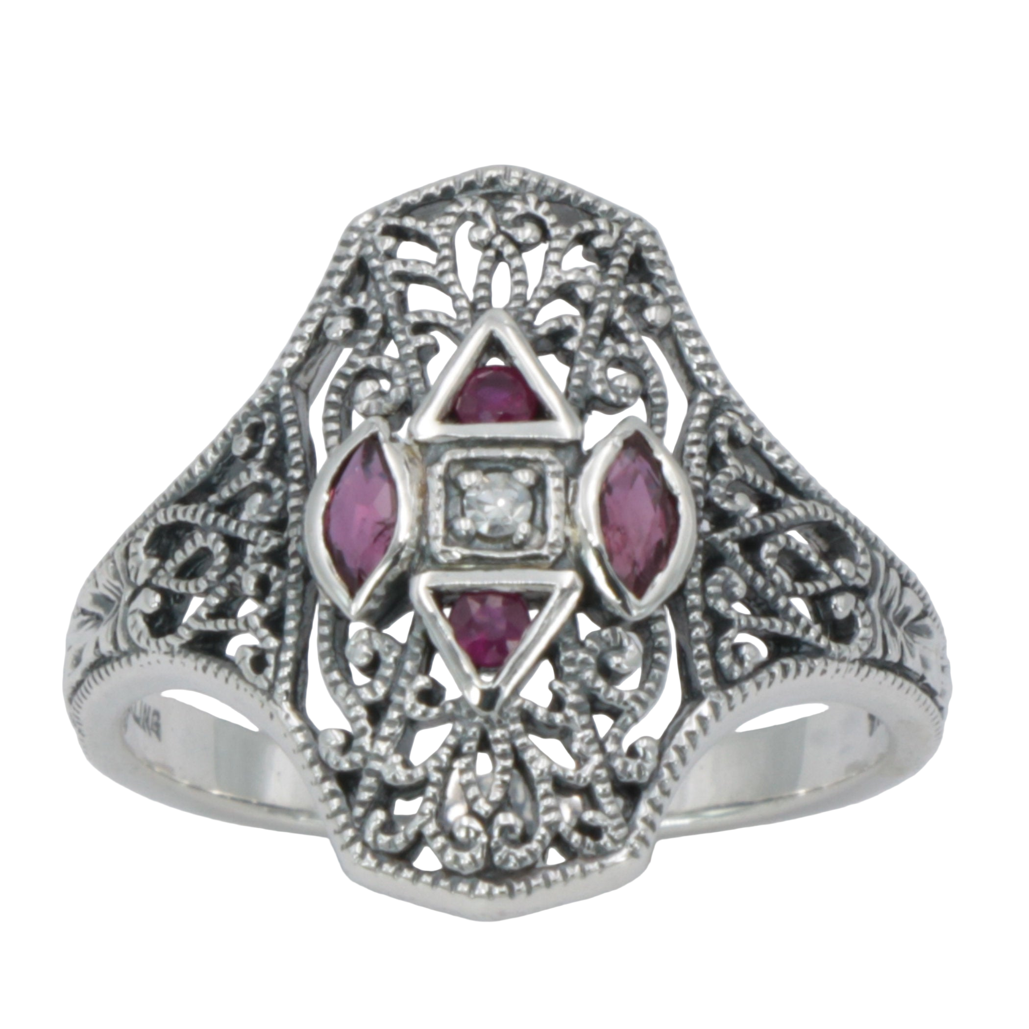 Back view of Art Deco Style Filigree Diamond Ring w/ 4 Natural Rubies showing 925 sterling silver hallmark