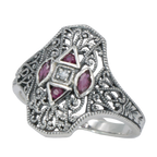 Detail view of Art Deco Style Filigree Diamond Ring w/ 4 Natural Rubies highlighting Diamond