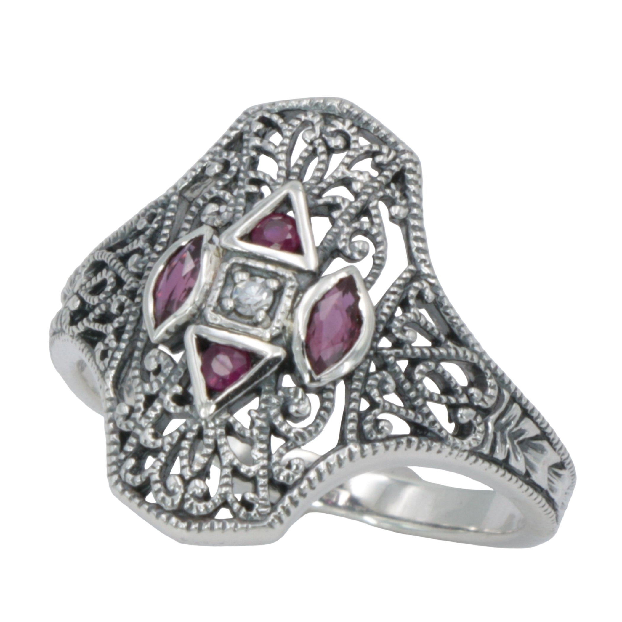 Detail view of Art Deco Style Filigree Diamond Ring w/ 4 Natural Rubies highlighting Diamond