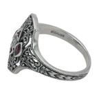 Detail view of Art Deco Style Filigree Diamond Ring w/ 4 Natural Rubies highlighting Diamond