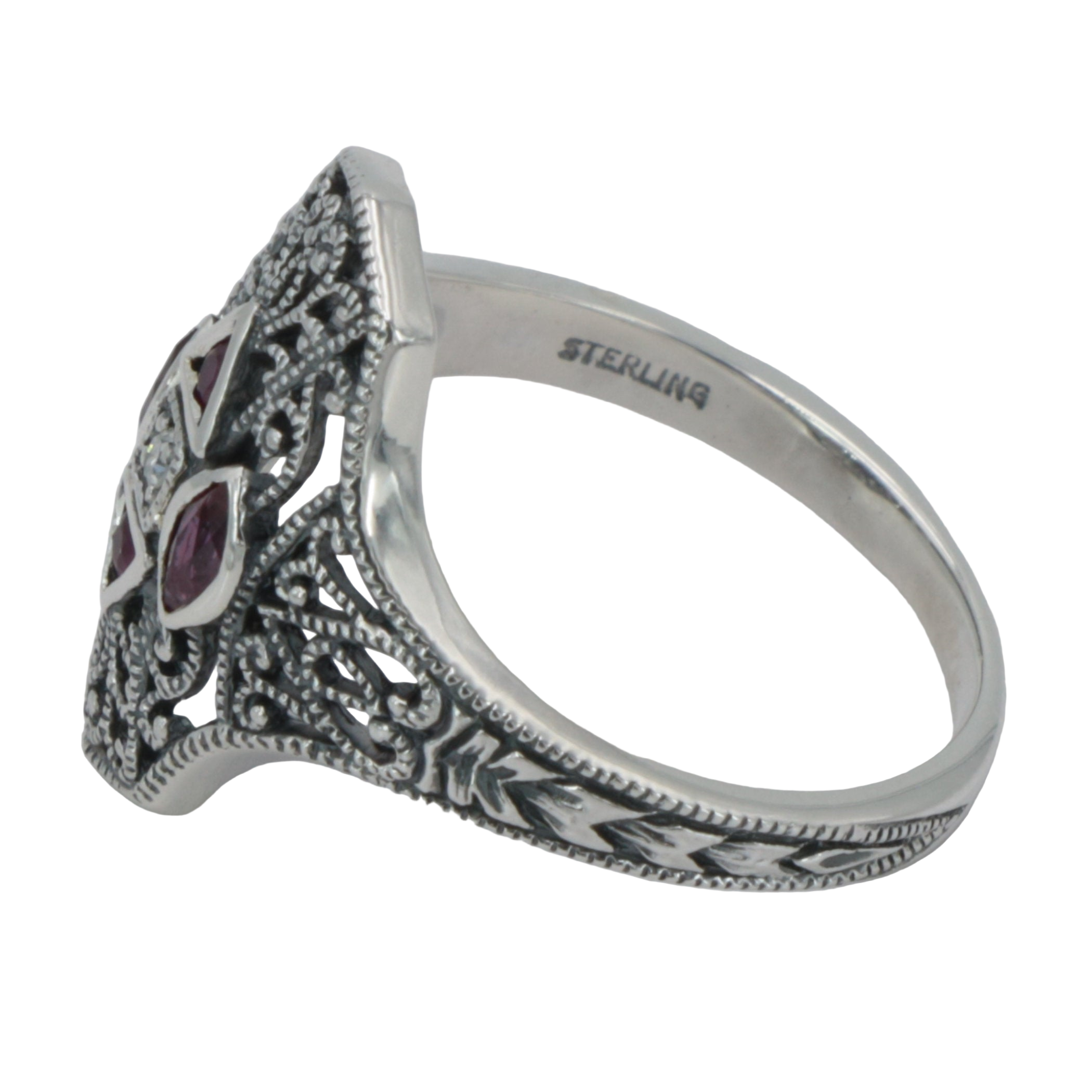 Detail view of Art Deco Style Filigree Diamond Ring w/ 4 Natural Rubies highlighting Diamond