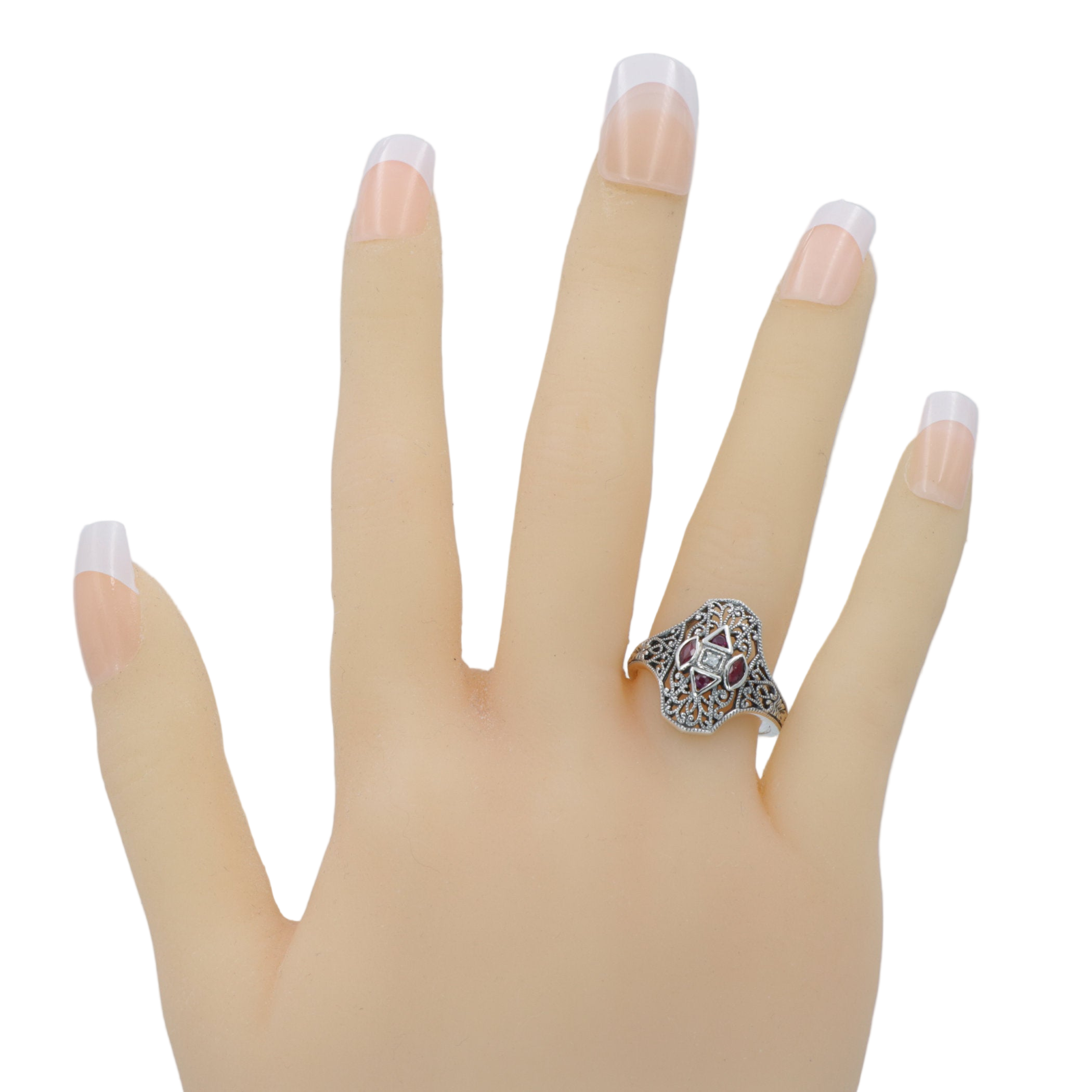 Detail view of Art Deco Style Filigree Diamond Ring w/ 4 Natural Rubies highlighting Diamond