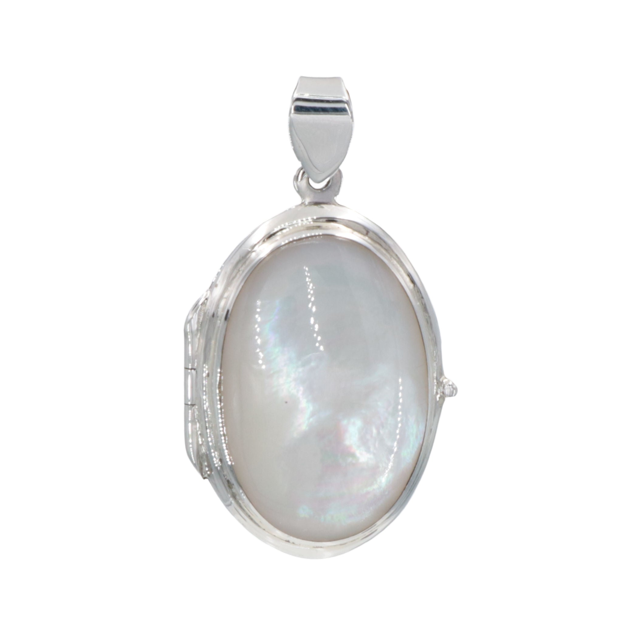 Pearl, Mother of Pearl, sterling silver lockets, front view