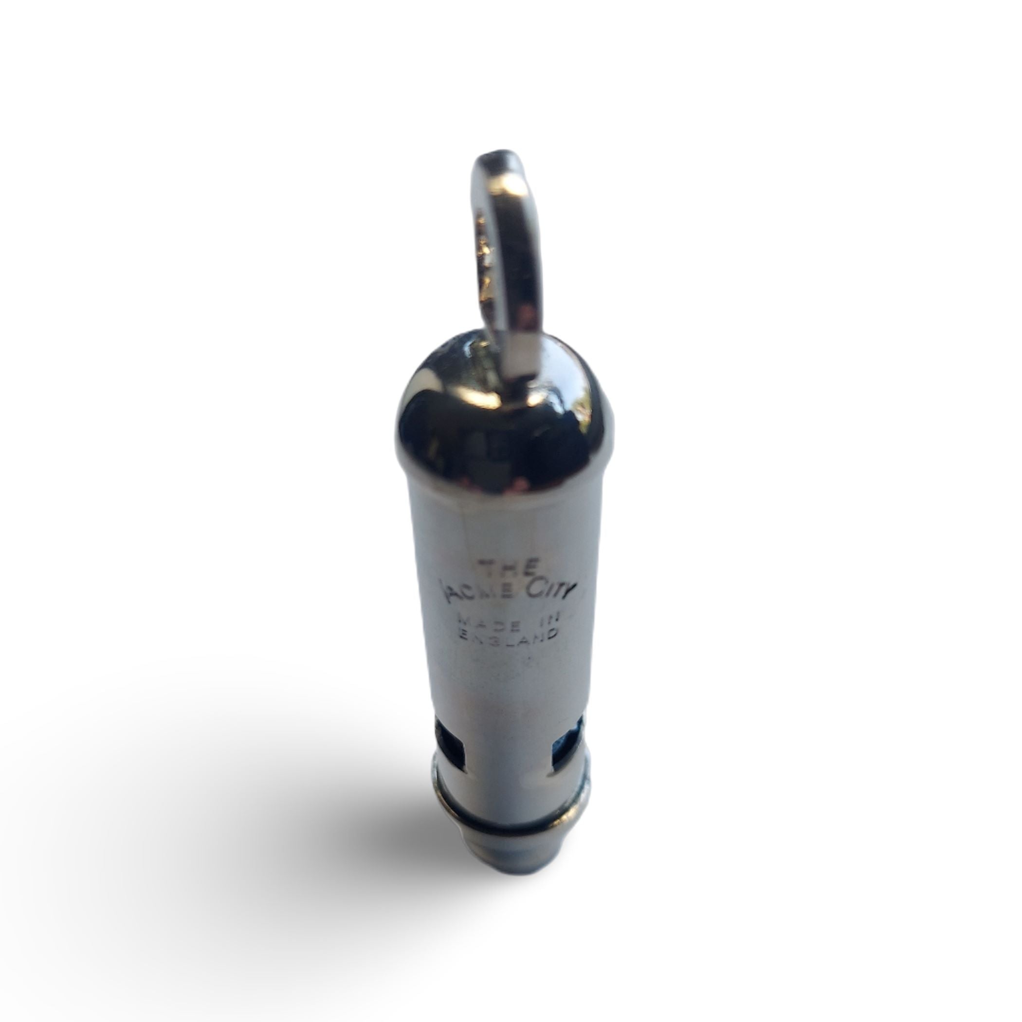 Back view of English Bobby's Whistle - Silver Plated - Made in England by ACME CITY showing 925 sterling silver hallmark
