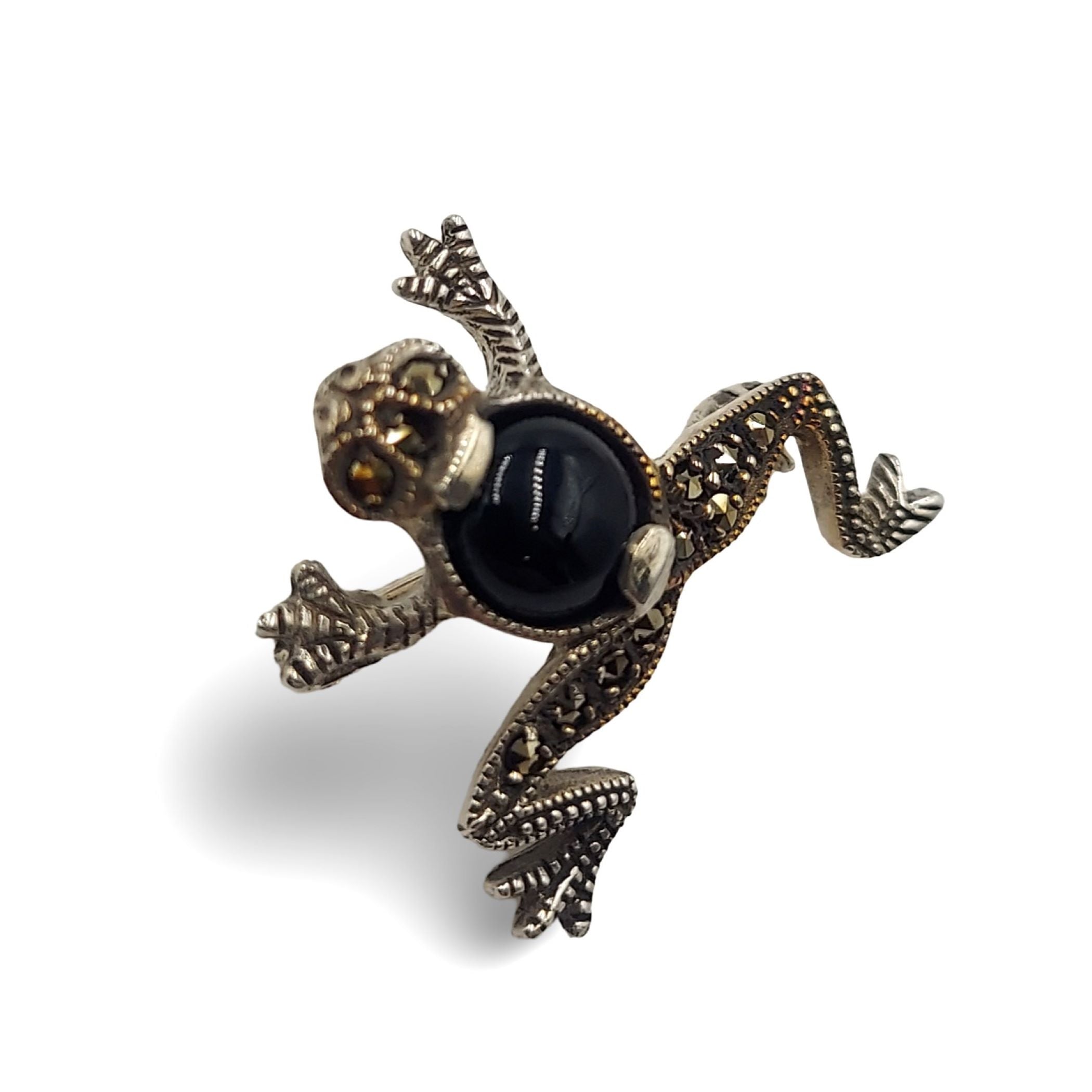 Back view of Fine Bead Set Marcasite Little Frog Pin or Brooch showing 925 sterling silver hallmark and pin back
