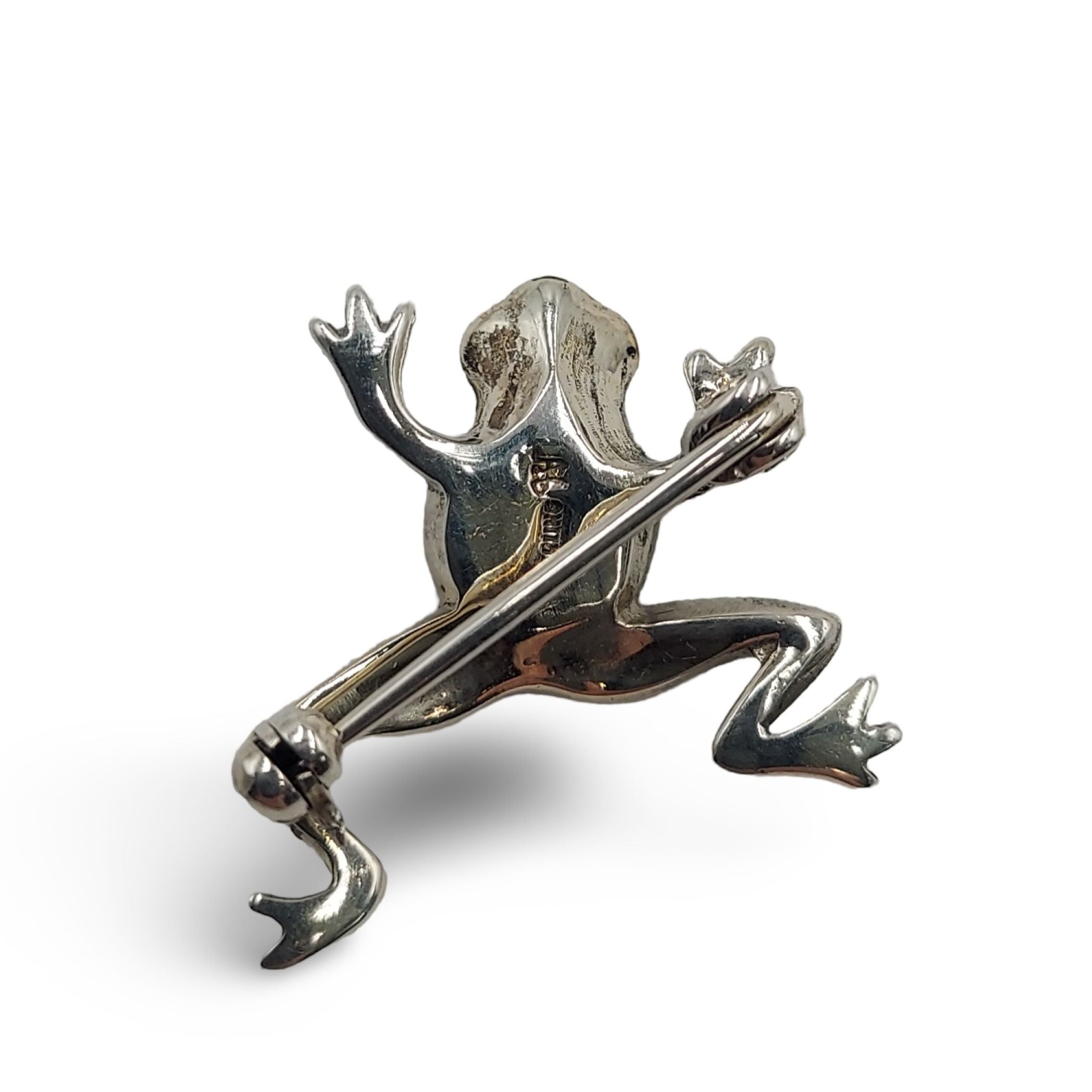 Detail view of Fine Bead Set Marcasite Little Frog Pin or Brooch highlighting Marcasite