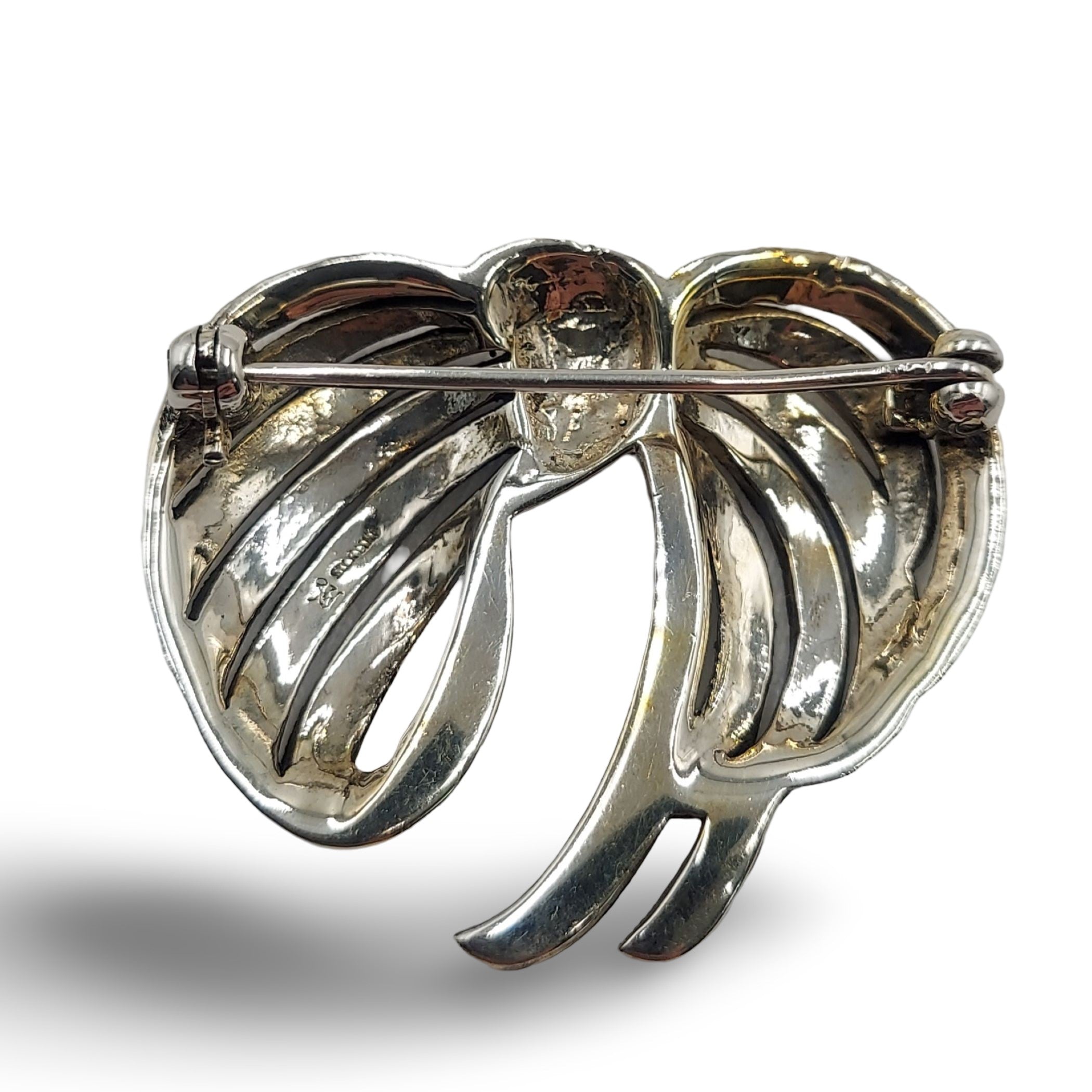 Detail view of Fine Bead Set Marcasite Art Nouveau Style Swirly Bow Pin or Brooch highlighting Marcasite