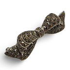 Back view of Fine Bead Set Marcasite Narrow Bow Pin or Brooch showing 925 sterling silver hallmark and pin back
