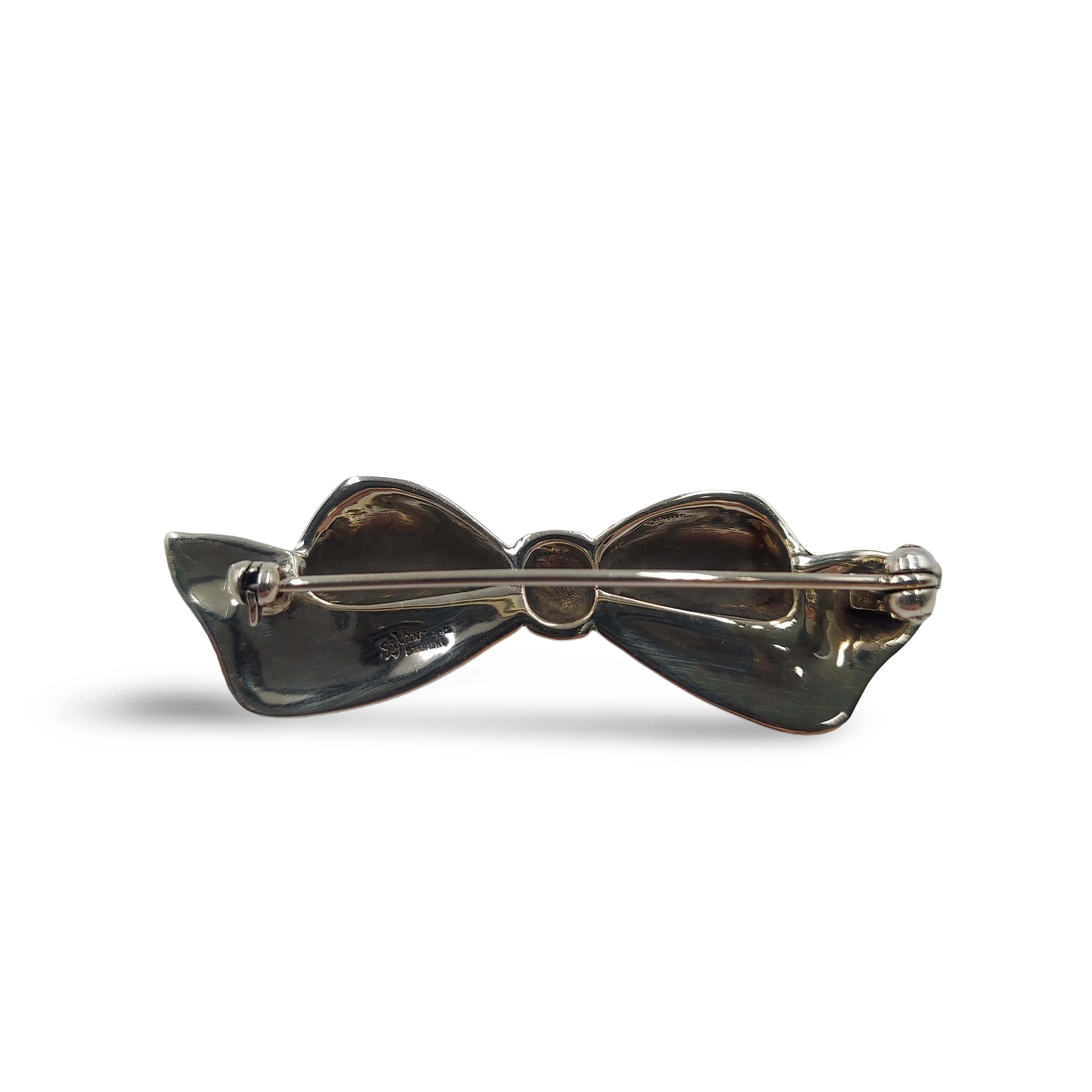 Detail view of Fine Bead Set Marcasite Narrow Bow Pin or Brooch highlighting Marcasite