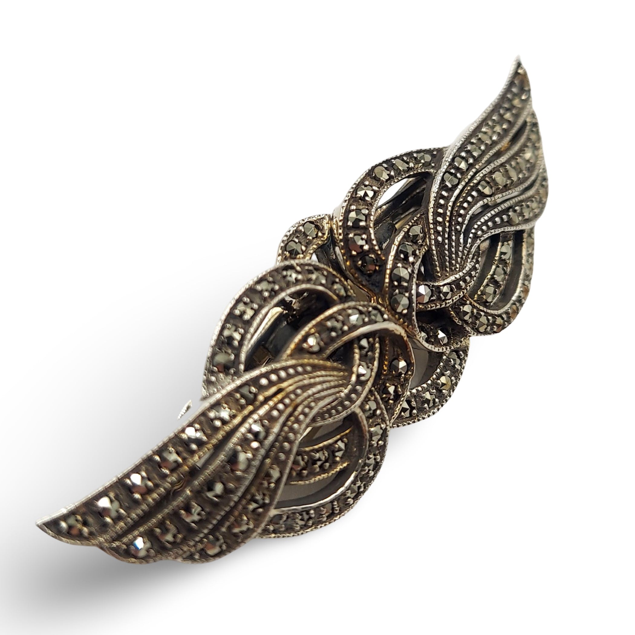 Back view of Fine Bead Set Marcasite Art Nouveau Style Swirly Winged Pin or Brooch showing 925 sterling silver hallmark and p