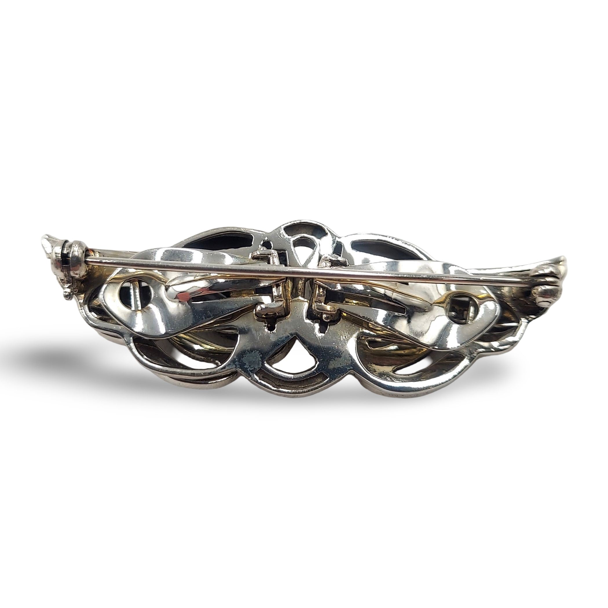 Detail view of Fine Bead Set Marcasite Art Nouveau Style Swirly Winged Pin or Brooch highlighting Marcasite