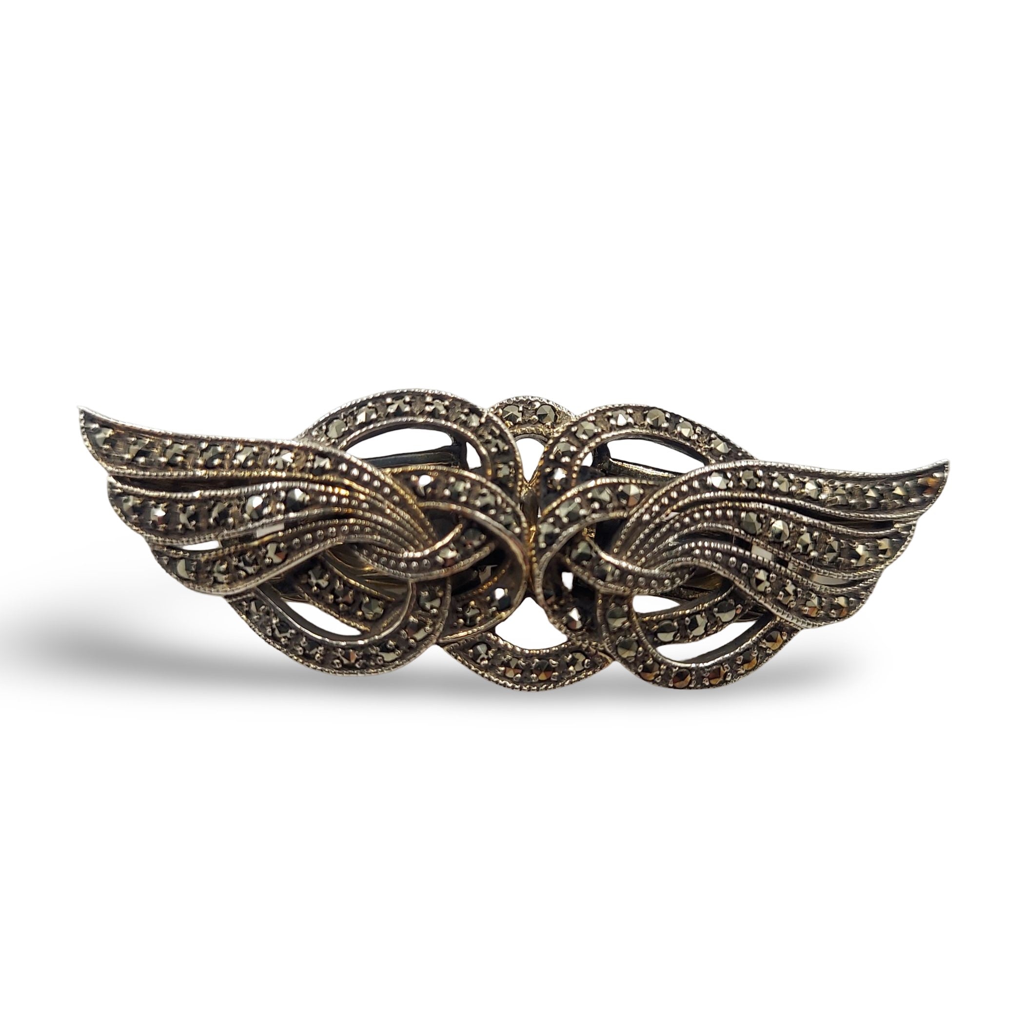Marcasite, sterling silver brooches / pins, front view