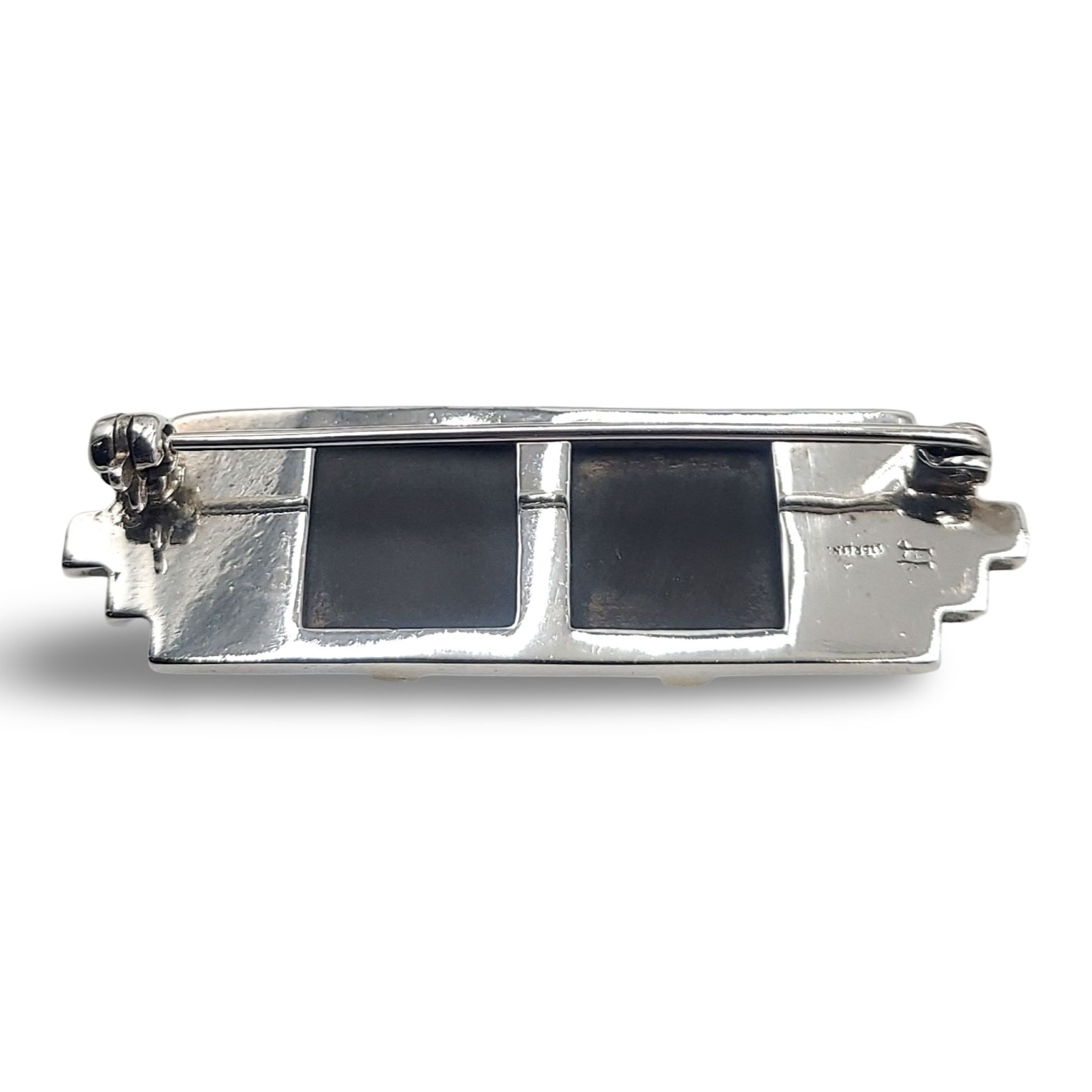Detail view of Fine Bead Set Art Deco Style Marcasite Onyx Pin or Brooch highlighting Marcasite, Onyx