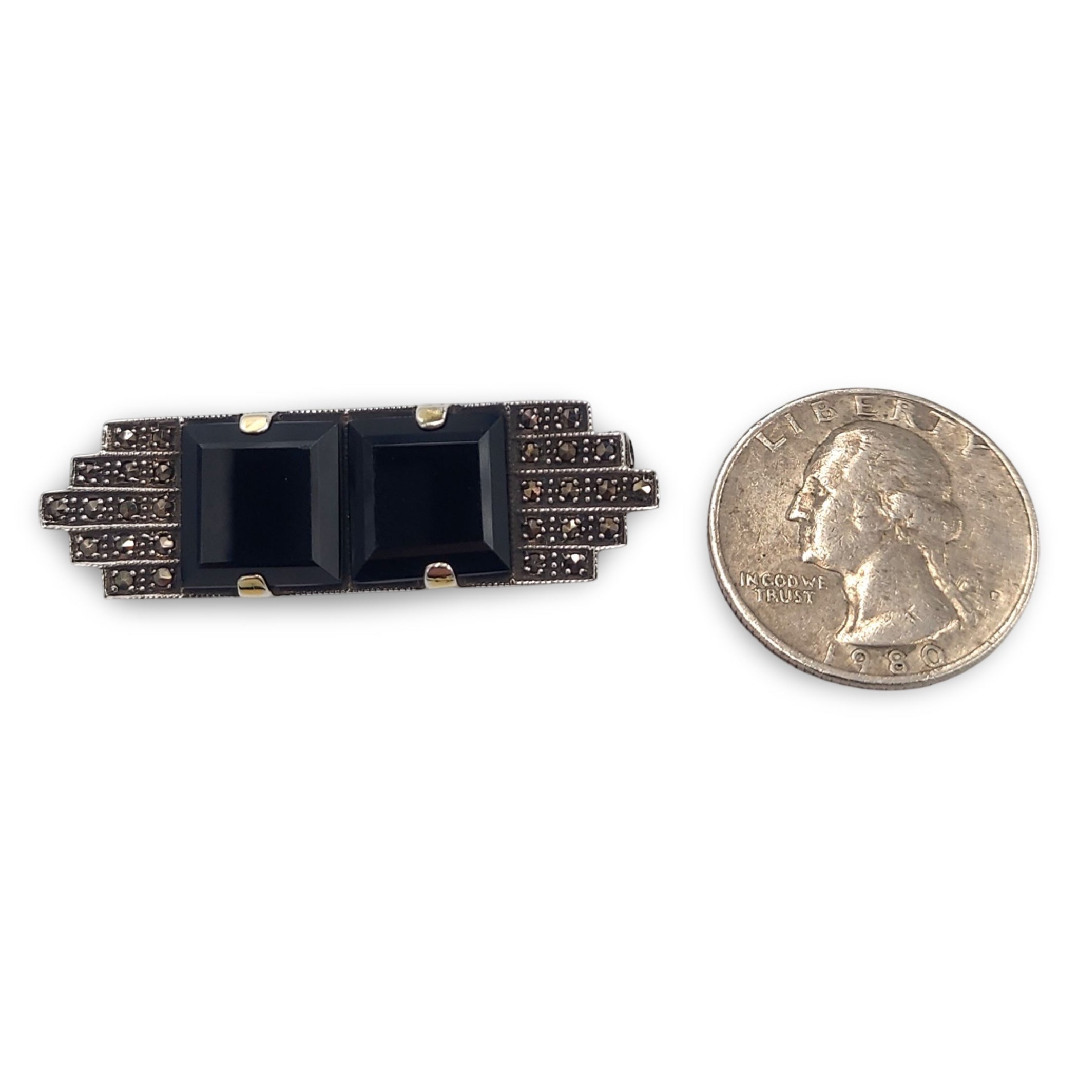 Detail view of Fine Bead Set Art Deco Style Marcasite Onyx Pin or Brooch highlighting Marcasite, Onyx