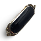Back view of Fine Bead Set Marcasite Black Onyx Pin or Brooch showing 925 sterling silver hallmark and pin back