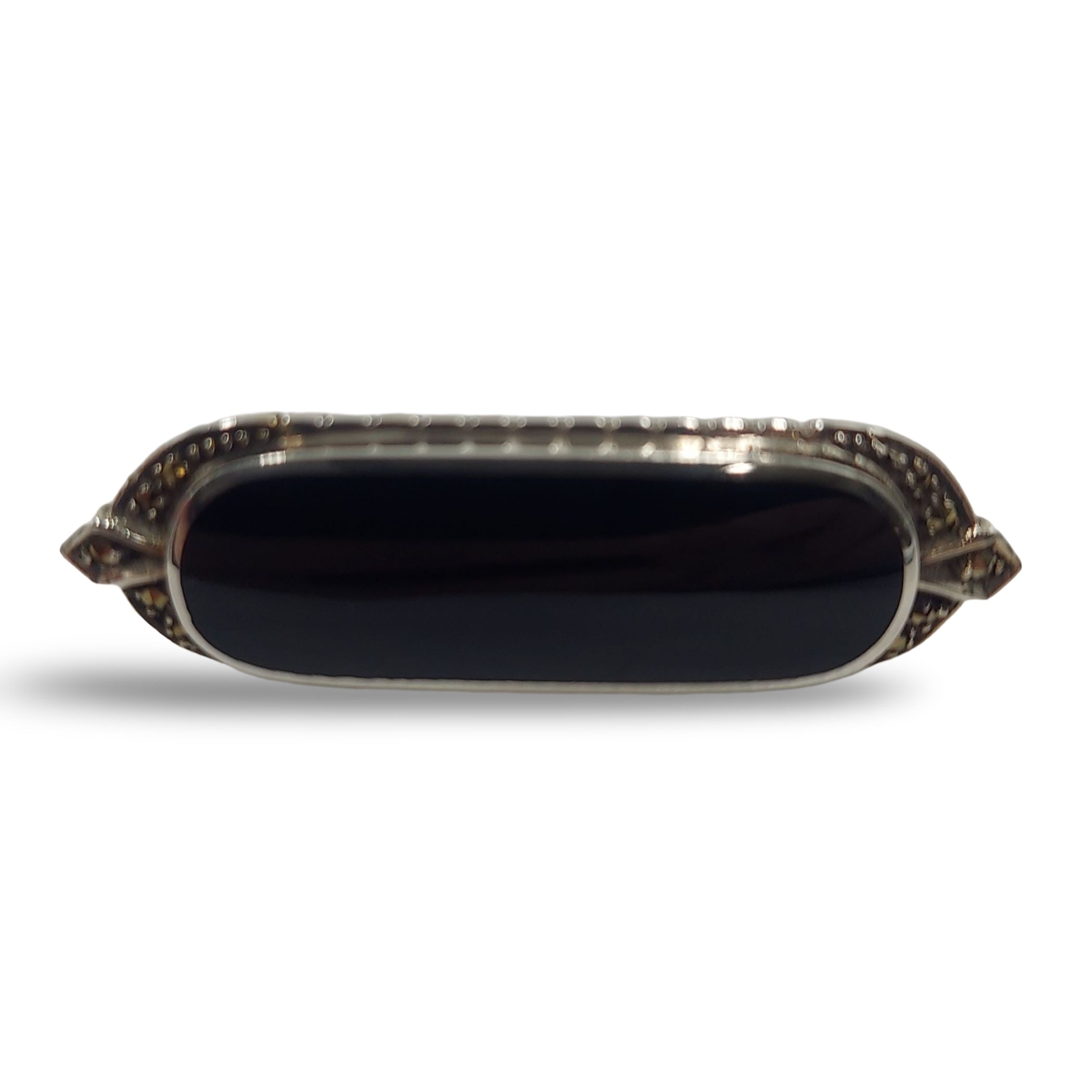 Black Onyx, Marcasite, sterling silver brooches / pins, front view