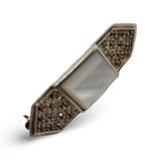 Back view of Fine Bead Set Art Deco Style Marcasite MOP Pin or Brooch showing 925 sterling silver hallmark and pin back