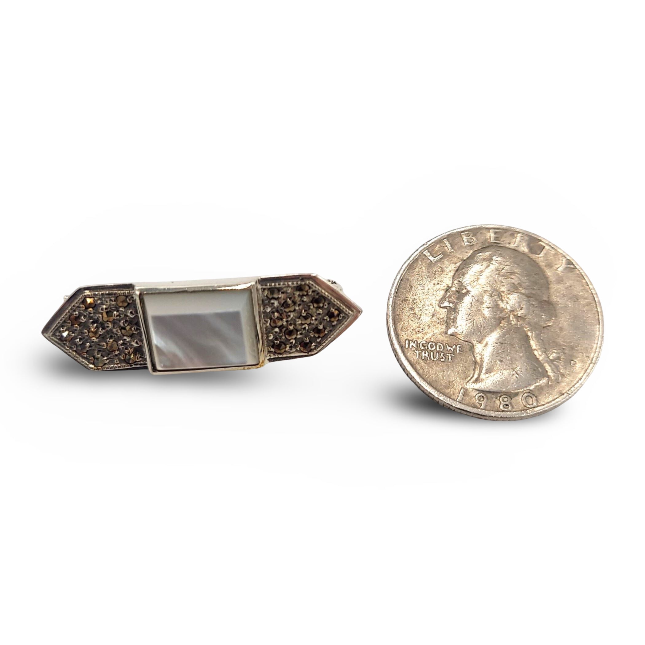 Detail view of Fine Bead Set Art Deco Style Marcasite MOP Pin or Brooch highlighting Marcasite