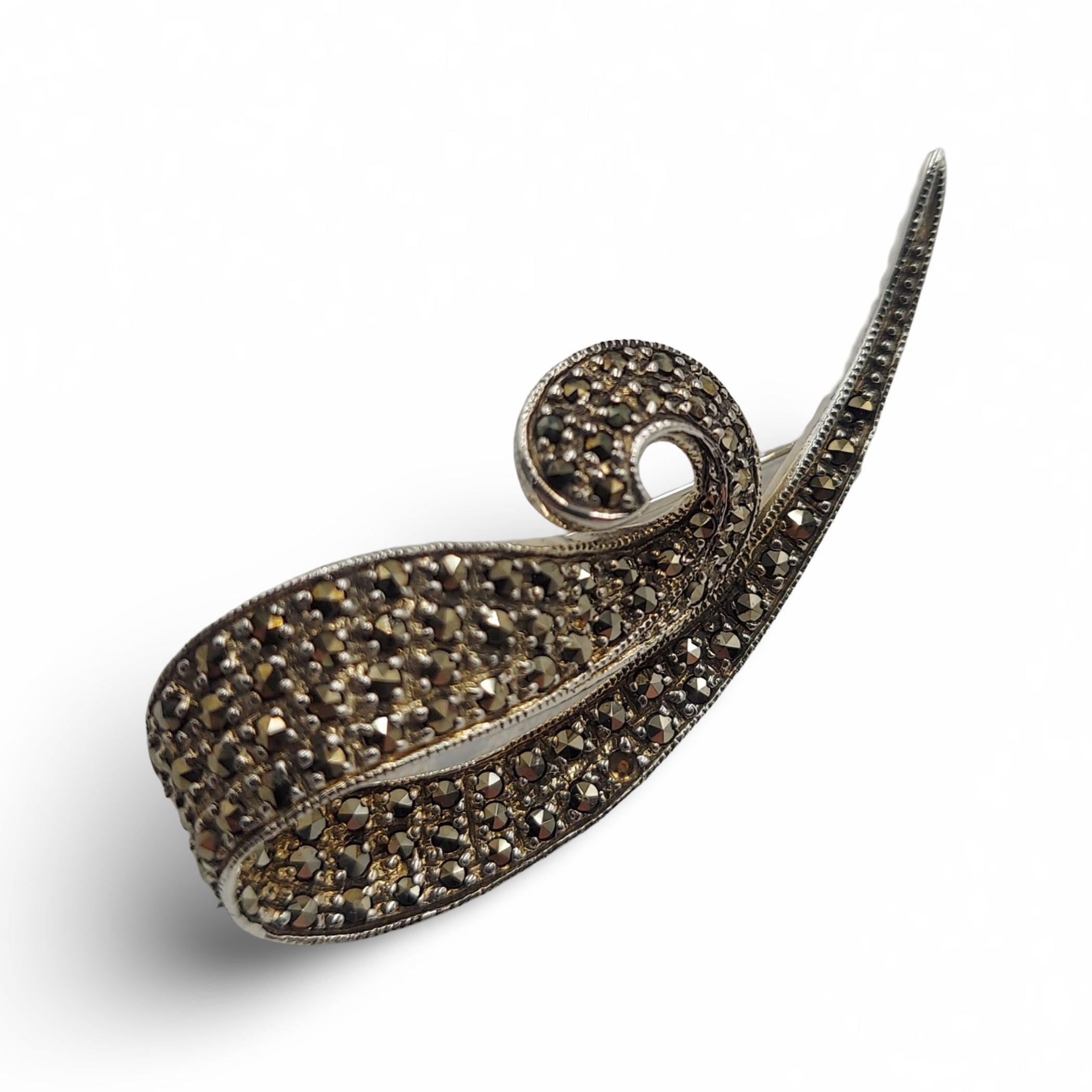 Back view of Fine Bead Set Marcasite Simple Swirly Pin or Brooch - Sterling Silver Art Nouveau Style showing 925 sterling sil