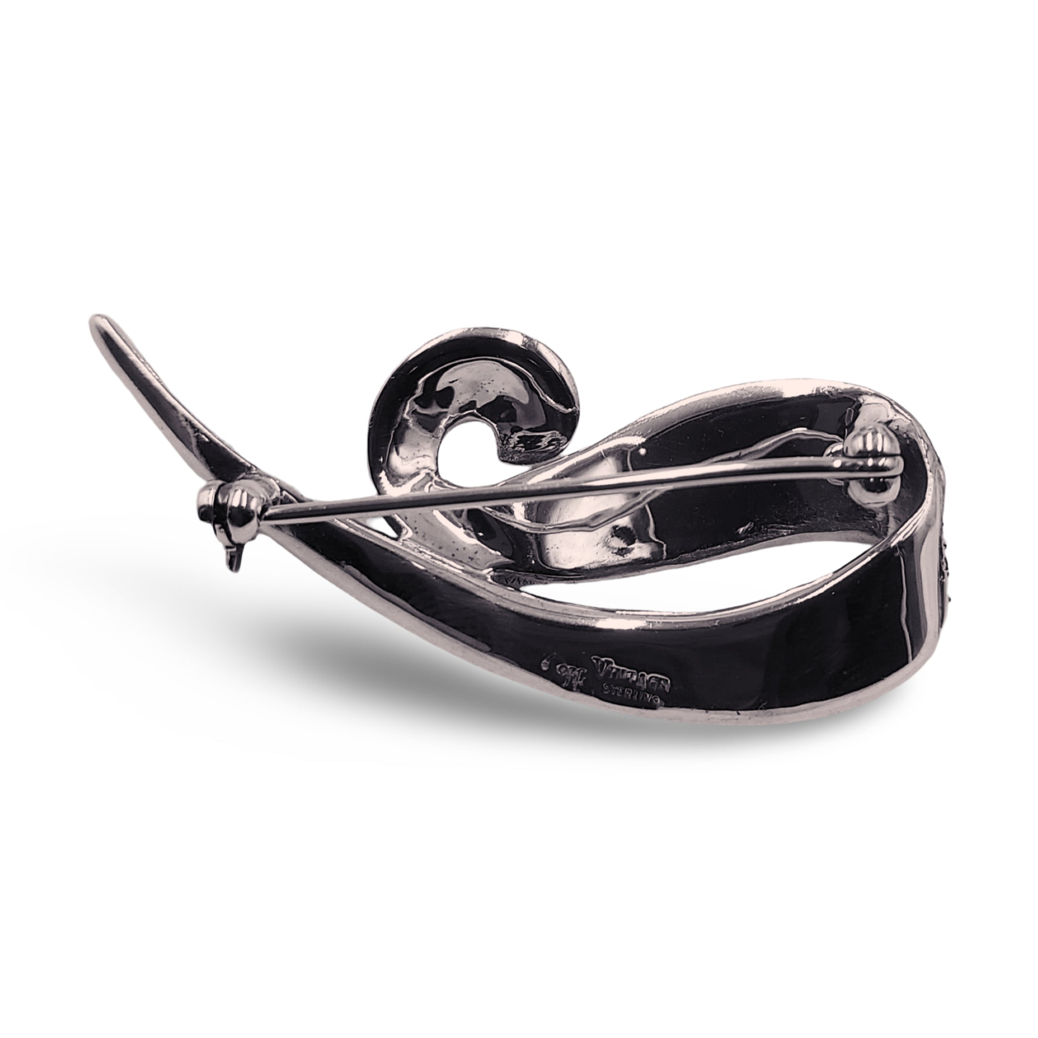 Detail view of Fine Bead Set Marcasite Simple Swirly Pin or Brooch - Sterling Silver Art Nouveau Style highlighting Marcasite