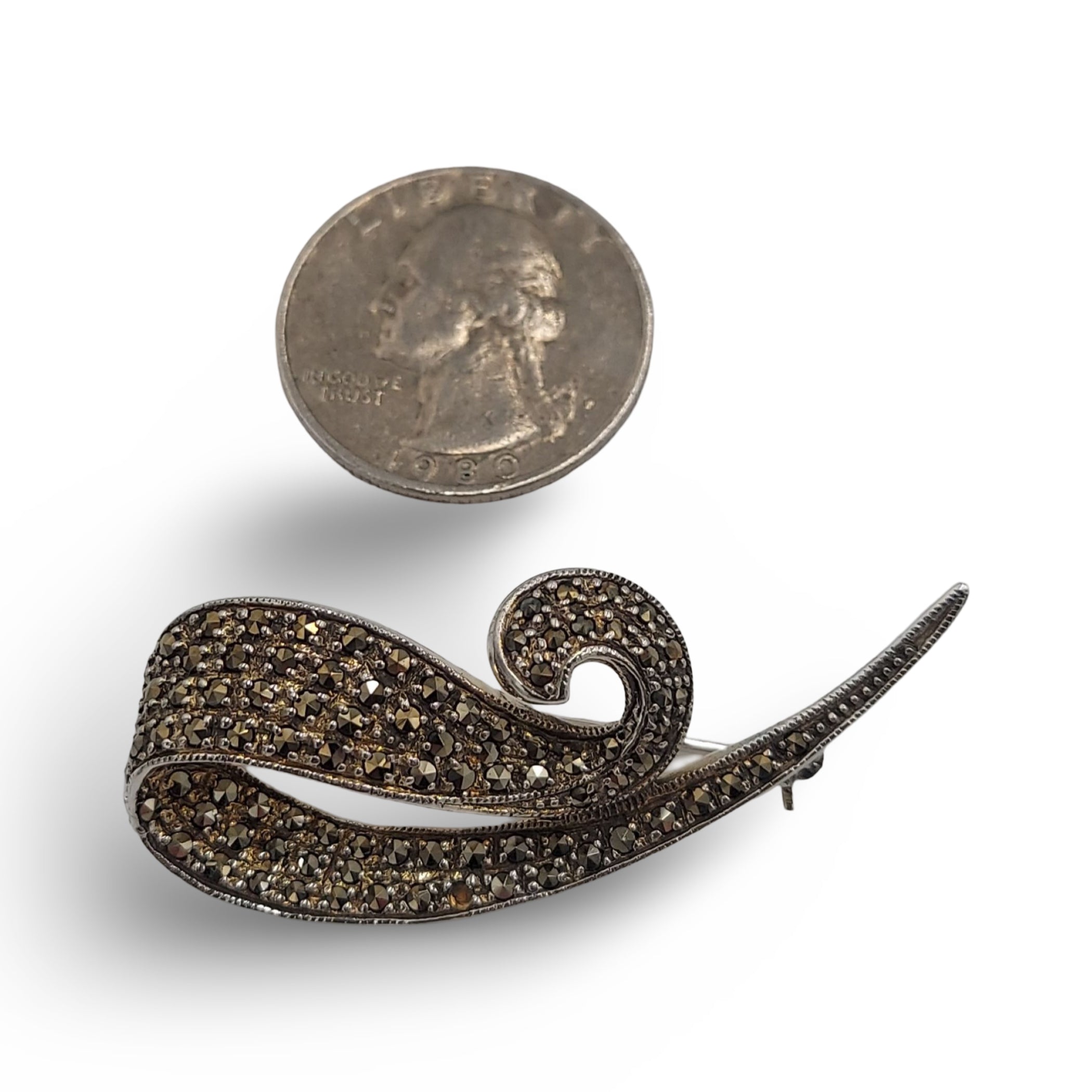 Detail view of Fine Bead Set Marcasite Simple Swirly Pin or Brooch - Sterling Silver Art Nouveau Style highlighting Marcasite