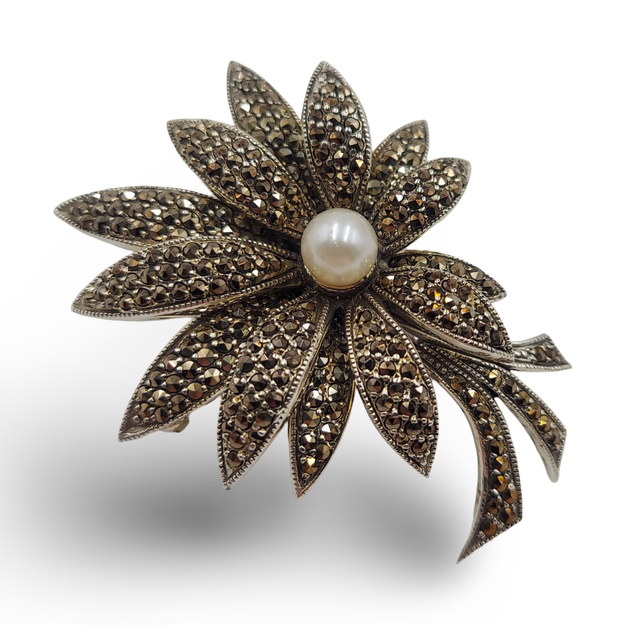 Back view of Fine Bead Set Floral Marcasite Pin or Brooch with Pearl showing 925 sterling silver hallmark and pin back