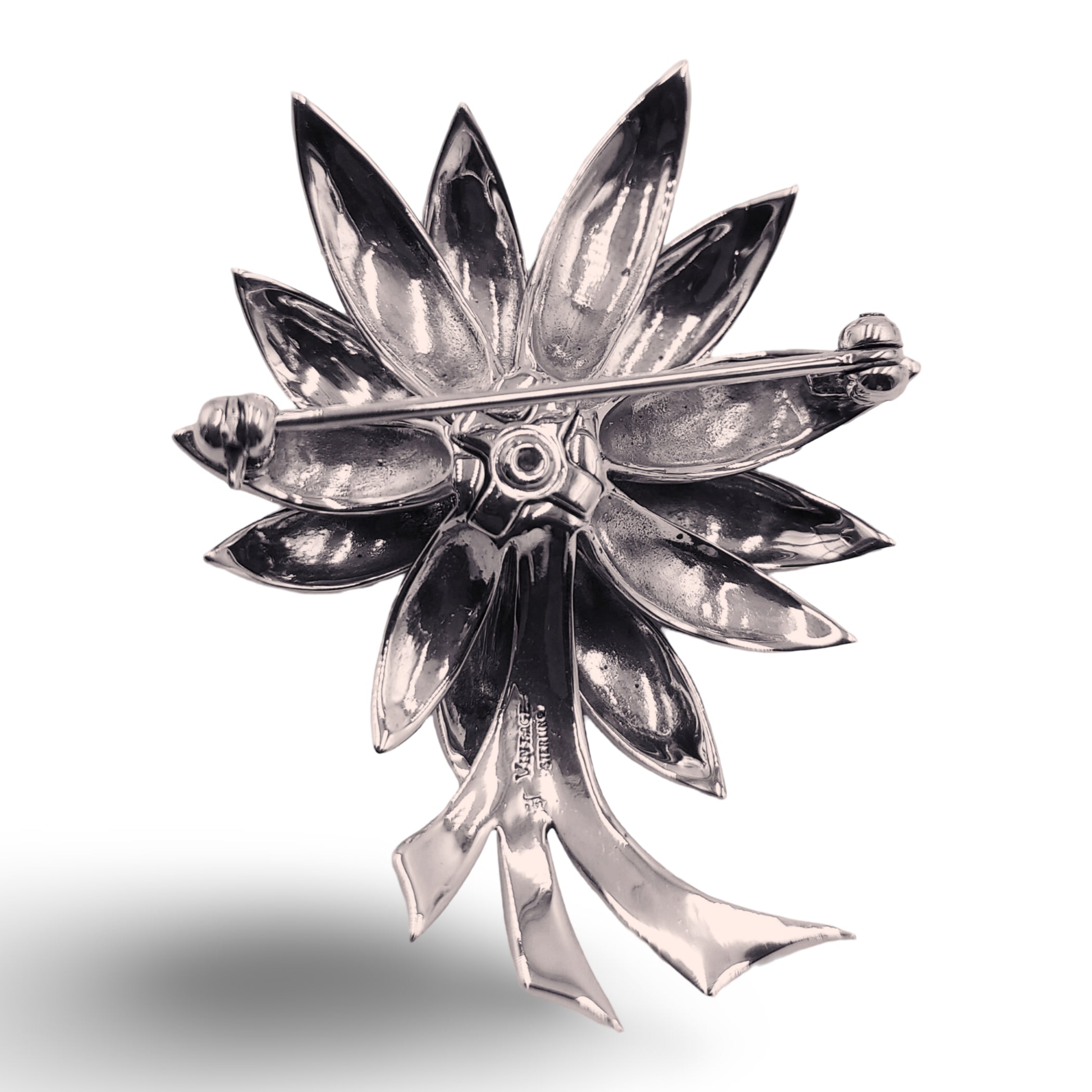 Detail view of Fine Bead Set Floral Marcasite Pin or Brooch with Pearl highlighting Marcasite, Pearl