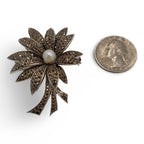 Detail view of Fine Bead Set Floral Marcasite Pin or Brooch with Pearl highlighting Marcasite, Pearl