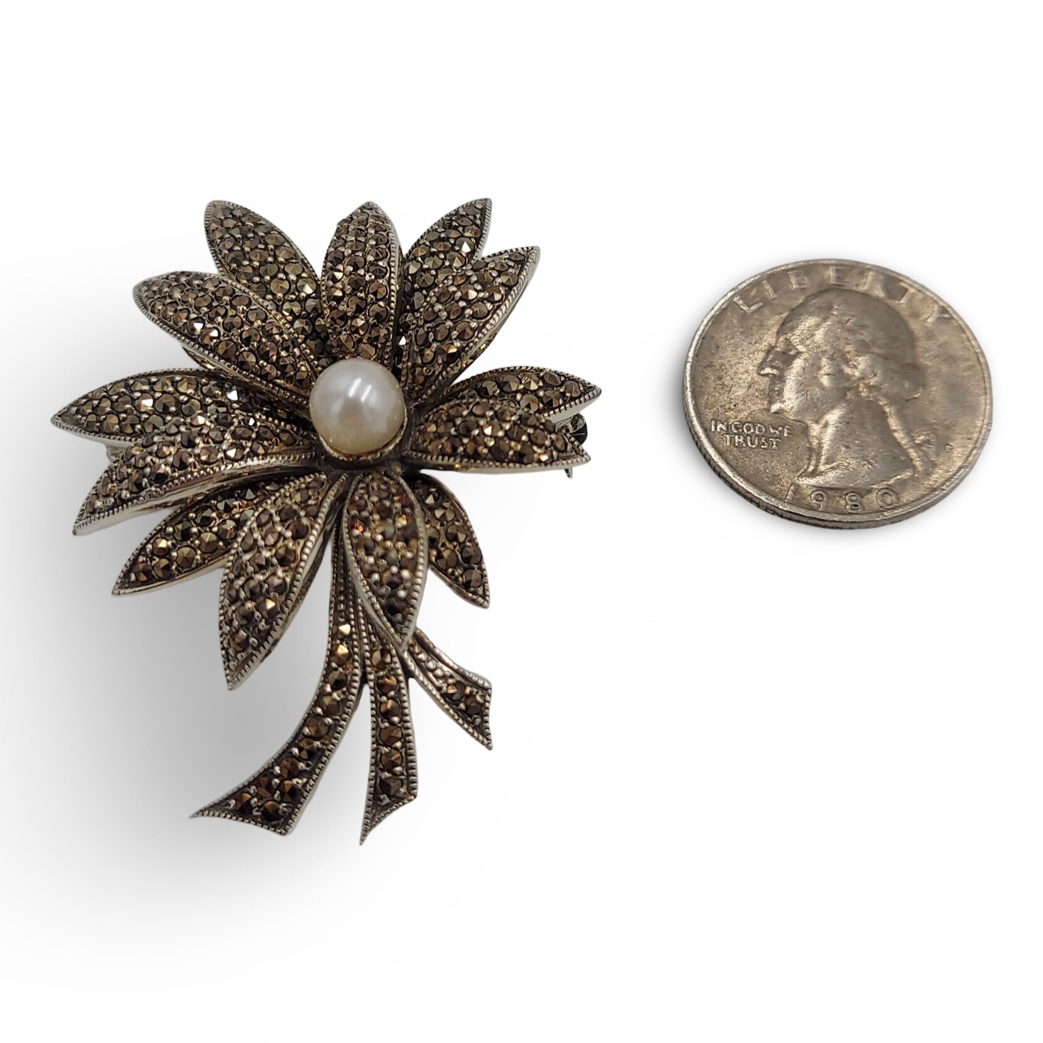 Detail view of Fine Bead Set Floral Marcasite Pin or Brooch with Pearl highlighting Marcasite, Pearl