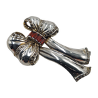 Back view of Fine Bead Set Marcasite Bow Pin or Brooch with Garnets showing 925 sterling silver hallmark and pin back