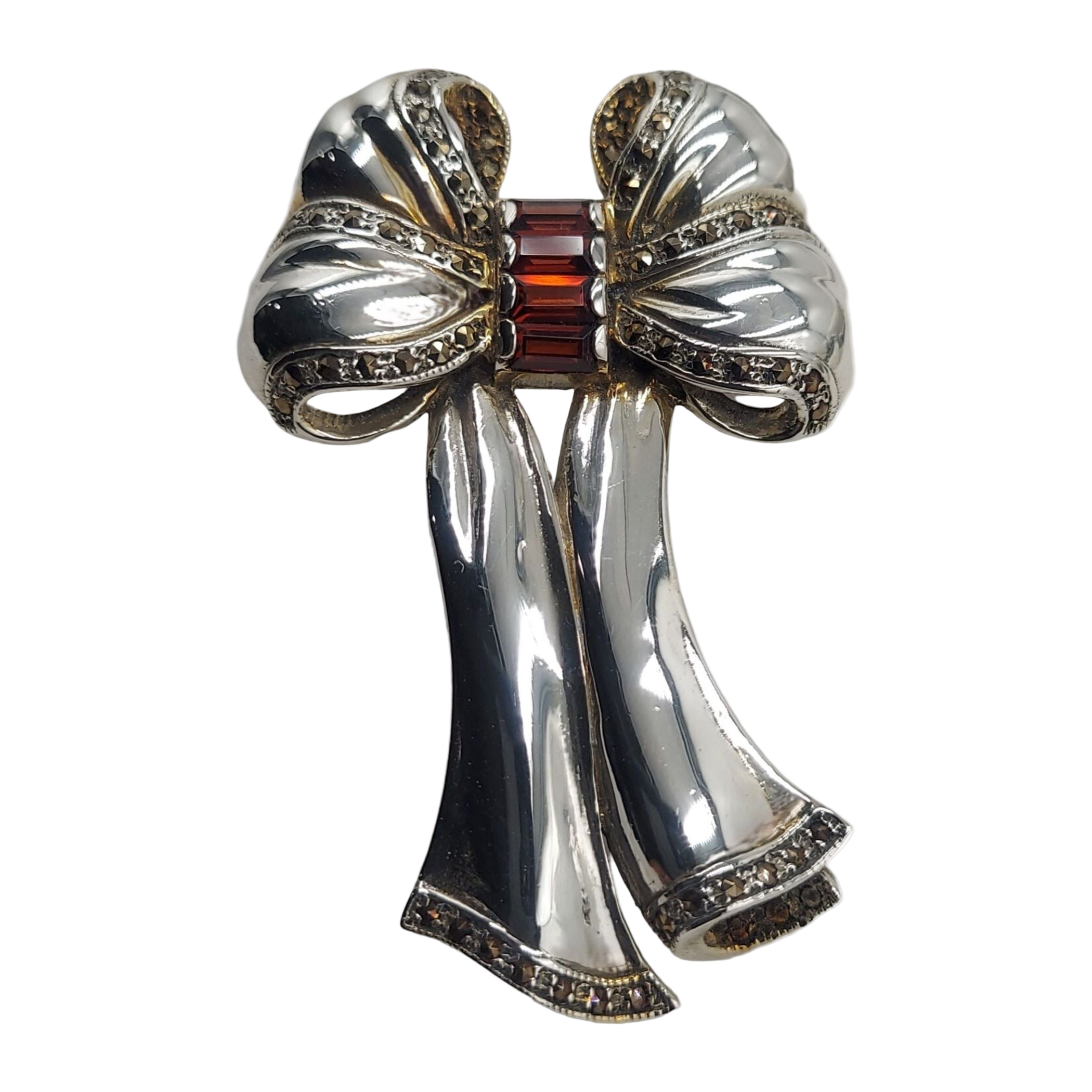 Garnet, Marcasite, sterling silver brooches / pins, front view