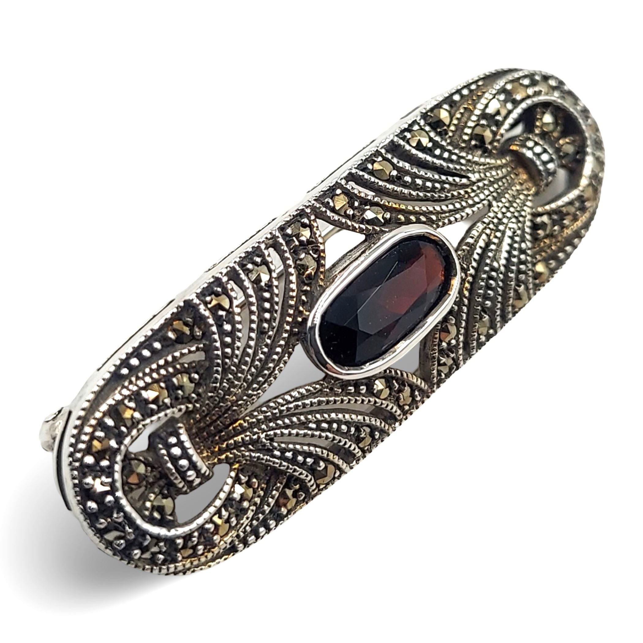 Back view of Fine Bead Set Marcasite Pin or Brooch with Garnet - Sterling Silver Art Deco Style showing 925 sterling silver h