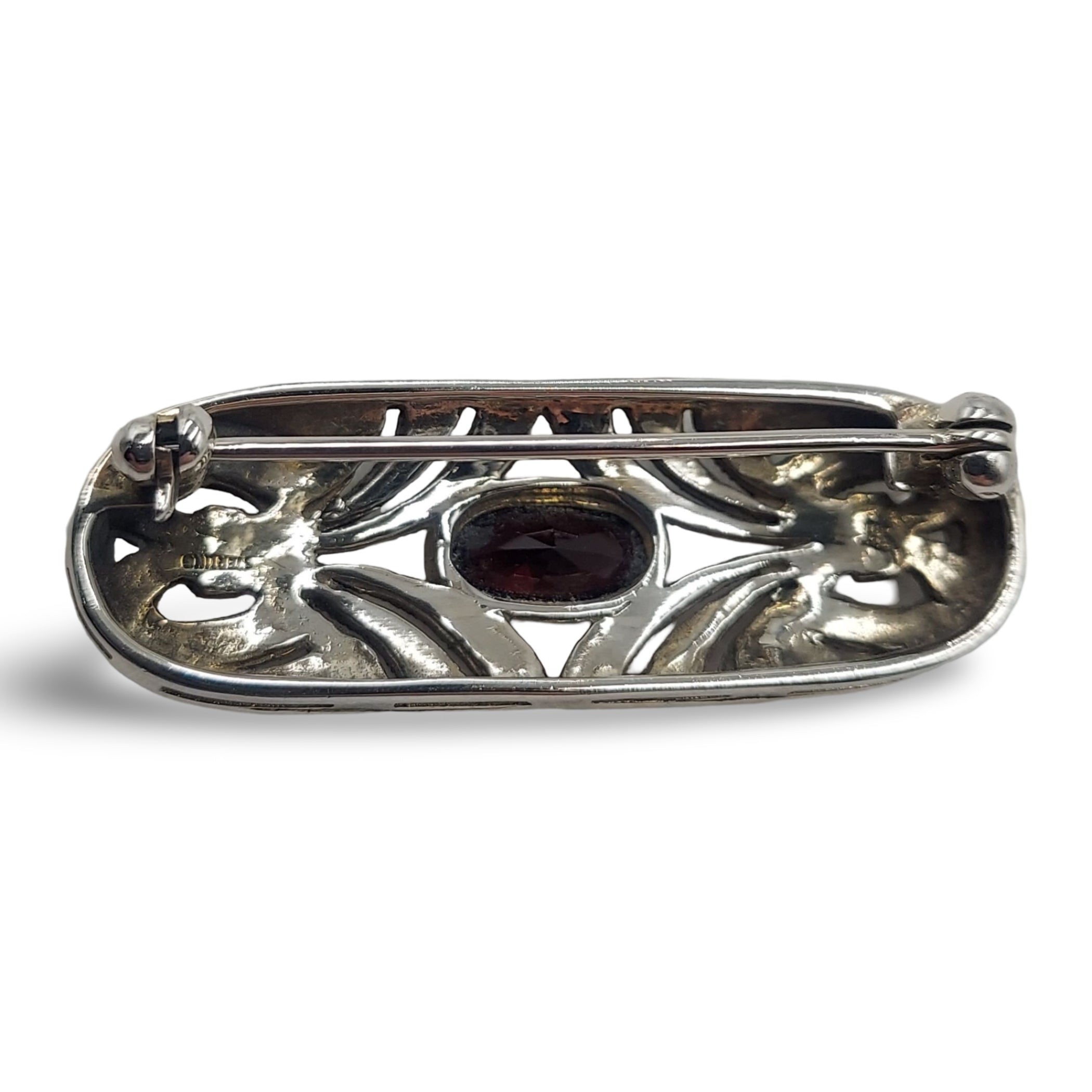 Detail view of Fine Bead Set Marcasite Pin or Brooch with Garnet - Sterling Silver Art Deco Style highlighting Garnet, Marcas