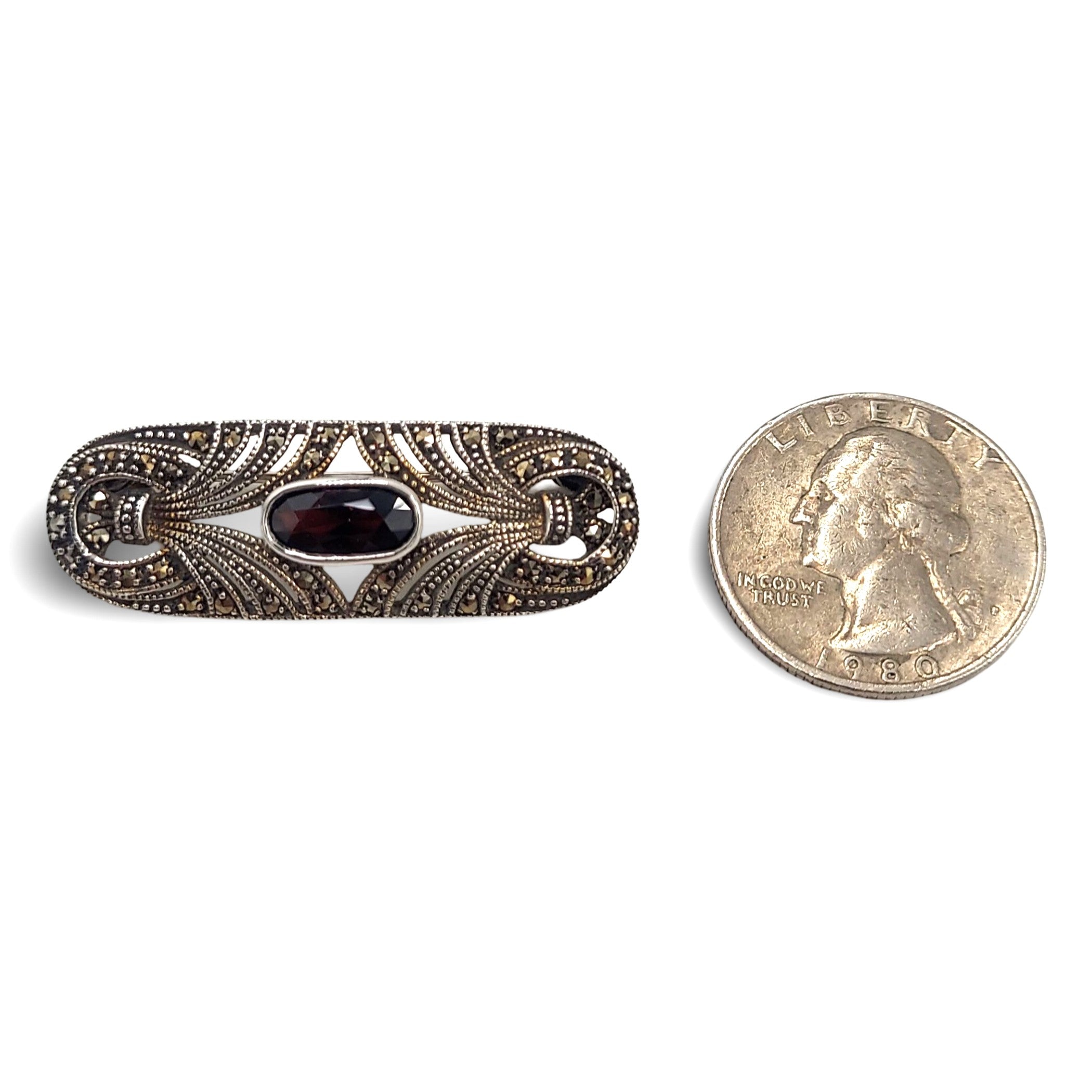 Detail view of Fine Bead Set Marcasite Pin or Brooch with Garnet - Sterling Silver Art Deco Style highlighting Garnet, Marcas
