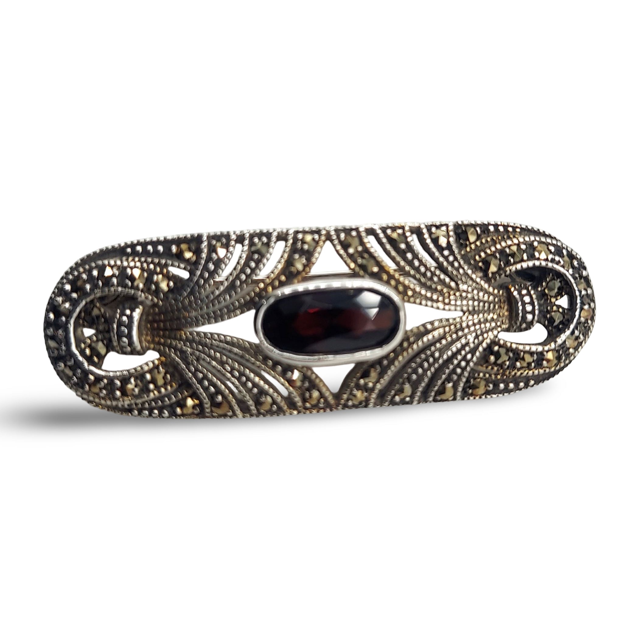 Art Deco style, Garnet, Marcasite, sterling silver brooches / pins, front view