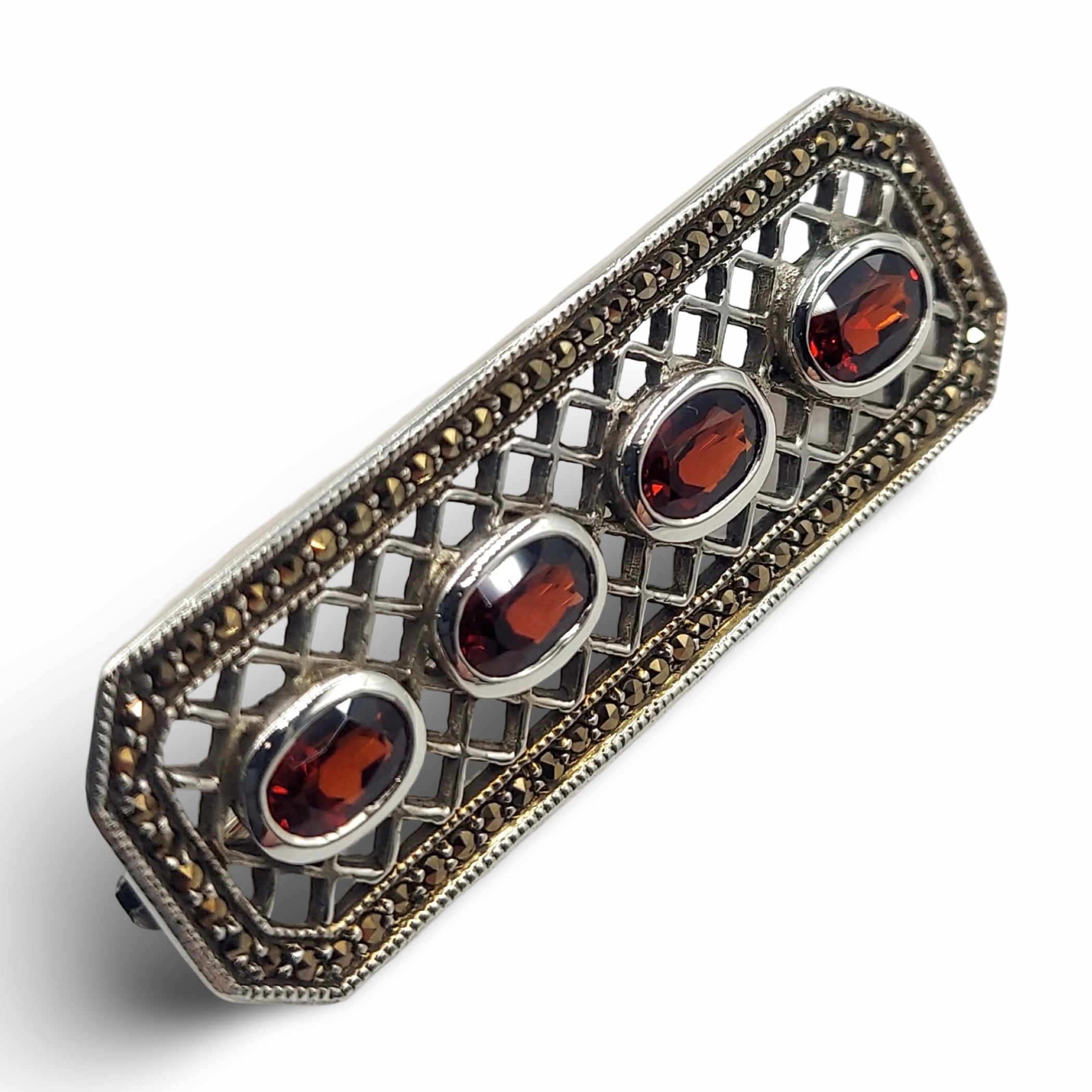 Back view of Fine Bead Set Marcasite Pin or Brooch with 4 Oval Faceted Garnets showing 925 sterling silver hallmark and pin b